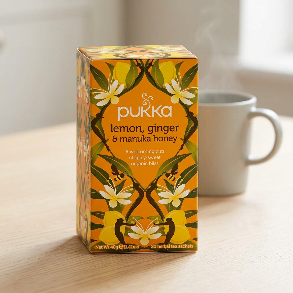 Pukka Lemon Ginger og Manuka Honey med kop på et lyst træbord