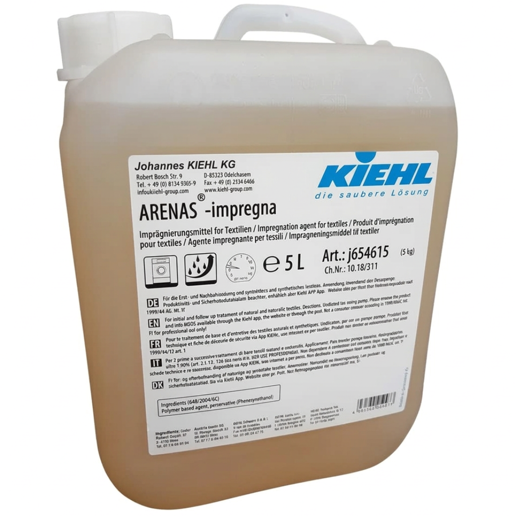 Kiehl Arenas Impregna tekstilimprægnering i 5-liters dunk på hvid baggrund.