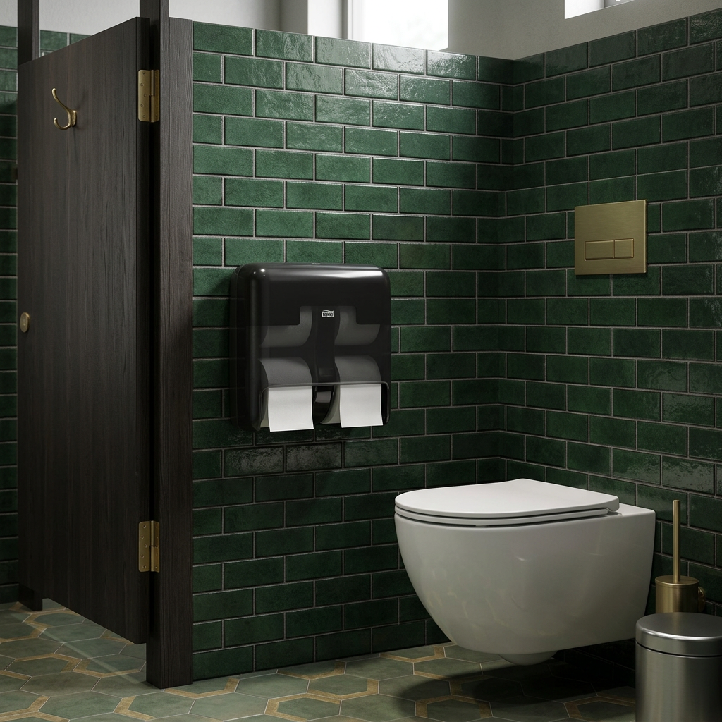 Sort Tork OptiServe T7-dispenser monteret ved toilet i moderne toiletrum