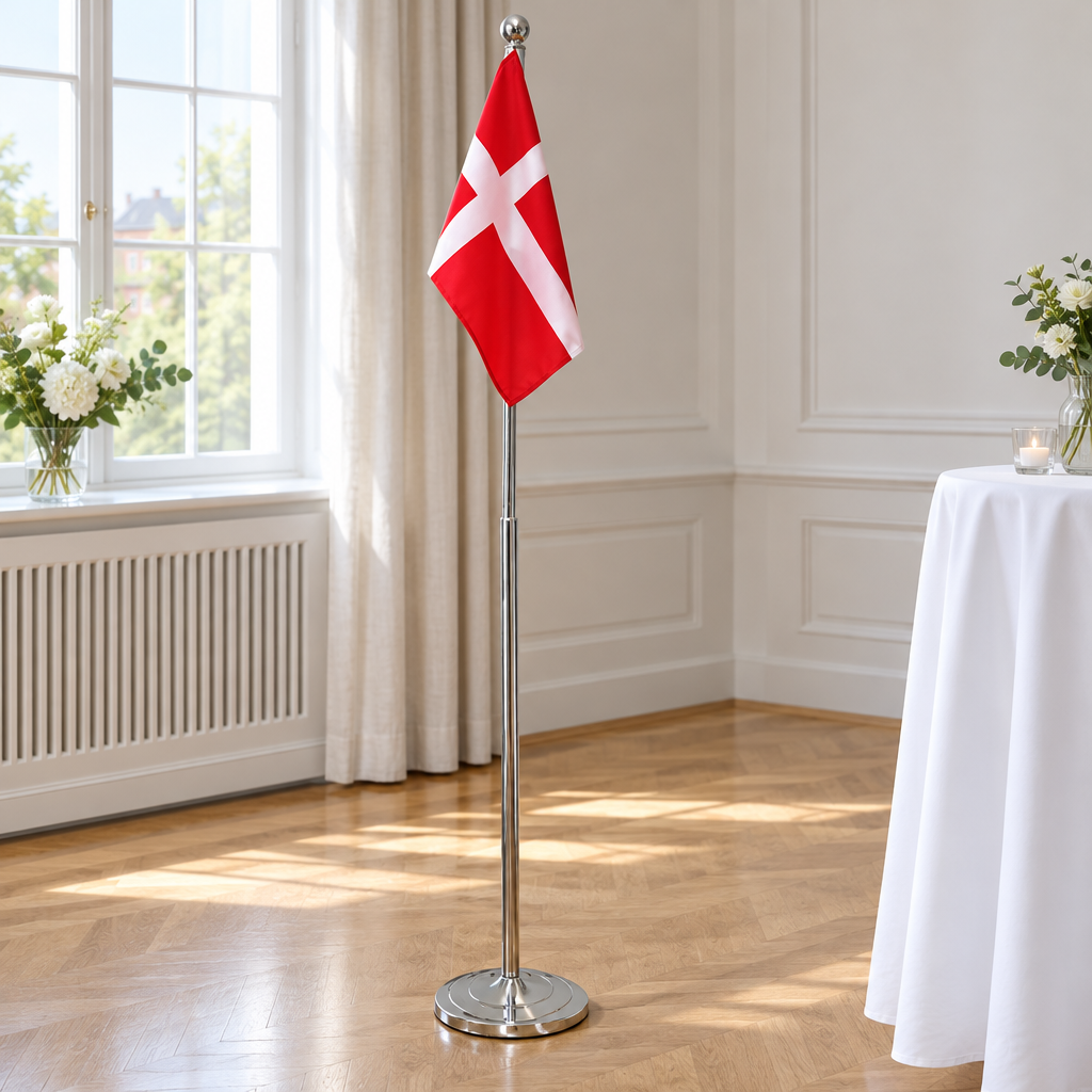Justerbart Dannebrog gulvflag i et lyst selskabslokale
