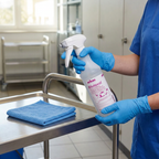 Medarbejder med Kiehl Blutoxol flaske ved arbejdsbord med klud