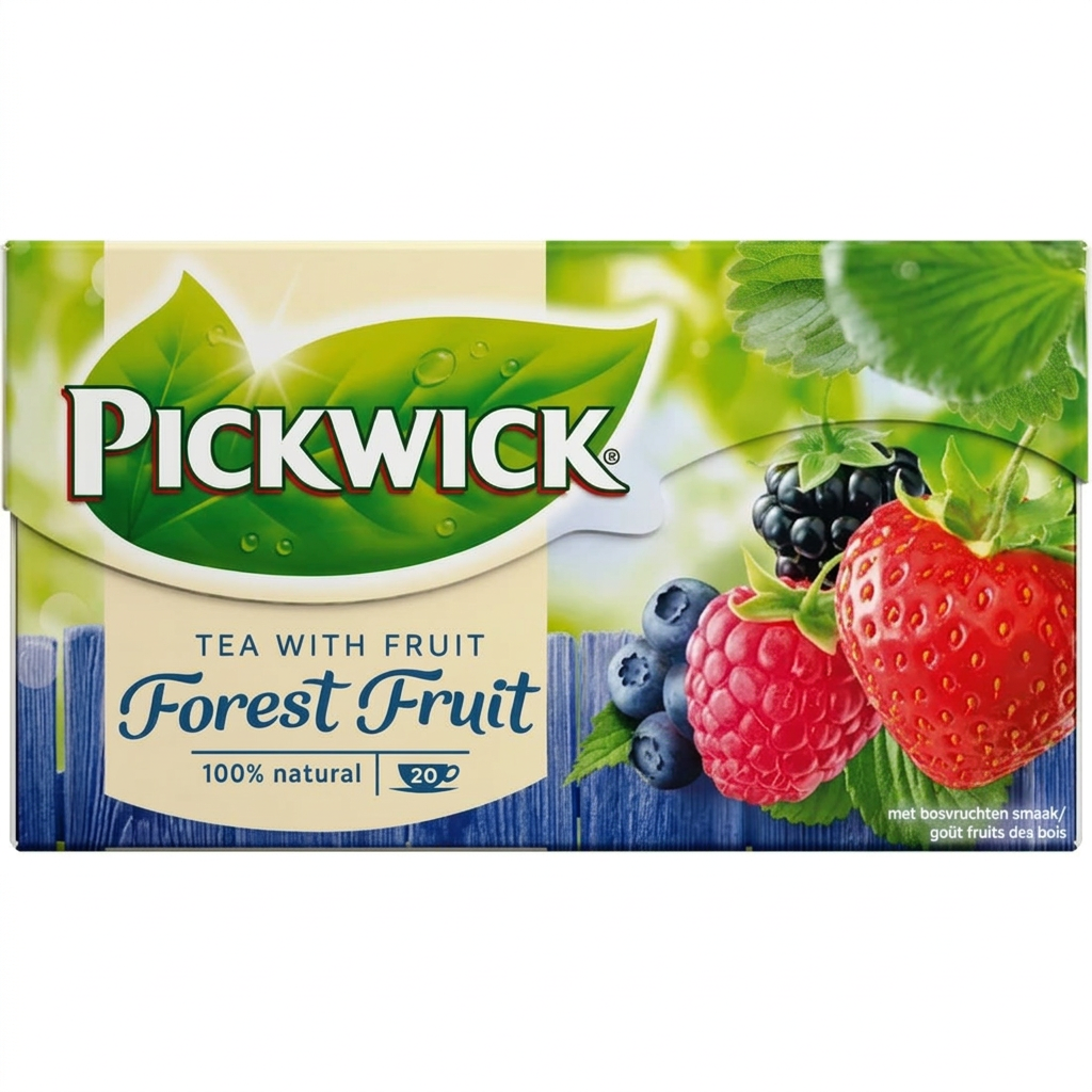 Pickwick Skovbær Forest Fruit, æske med 20 tebreve, fritlagt på hvid baggrund