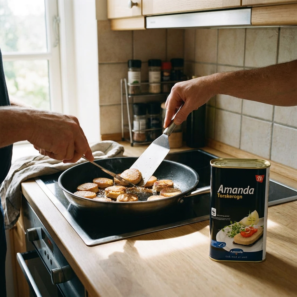Skiver af torskerogn vendes under stegning på en pande