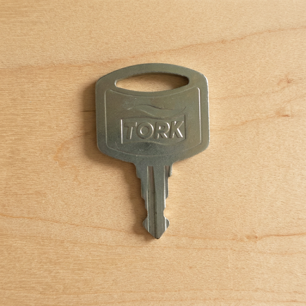 Tork dispensernøgle 2310 liggende på en lys træhylde
