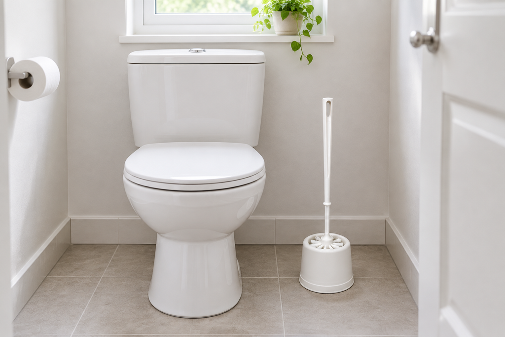Hvid Basic-toiletbørste med skål i mindre toiletrum, stemningsillustration