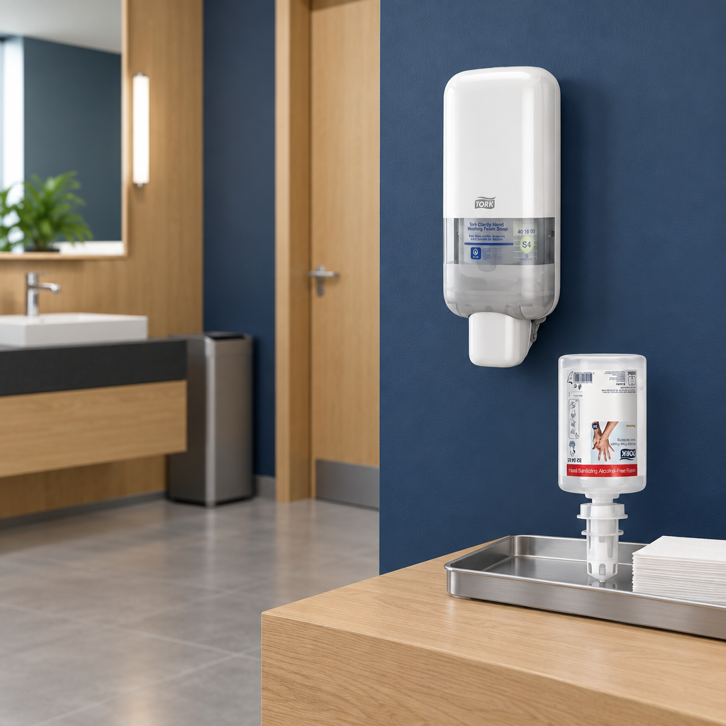 Tork S4-refill ved professionel hygiejnestation med separat vægmonteret dispenser