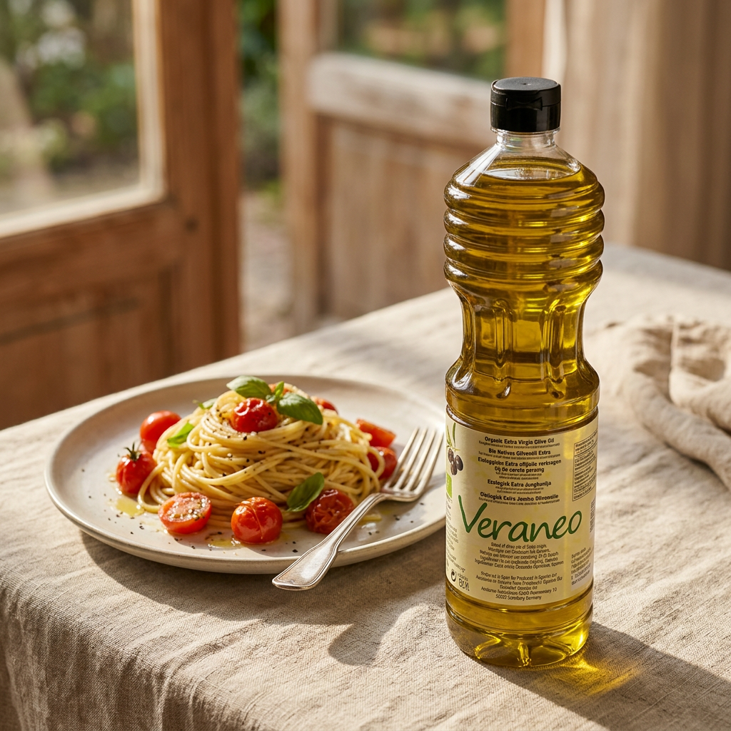Veraneo ekstra jomfruolivenolie ved pasta og tomater i naturligt sollys