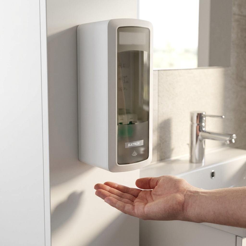 Hånd holdes under hvid Katrin Touchfree-dispenser