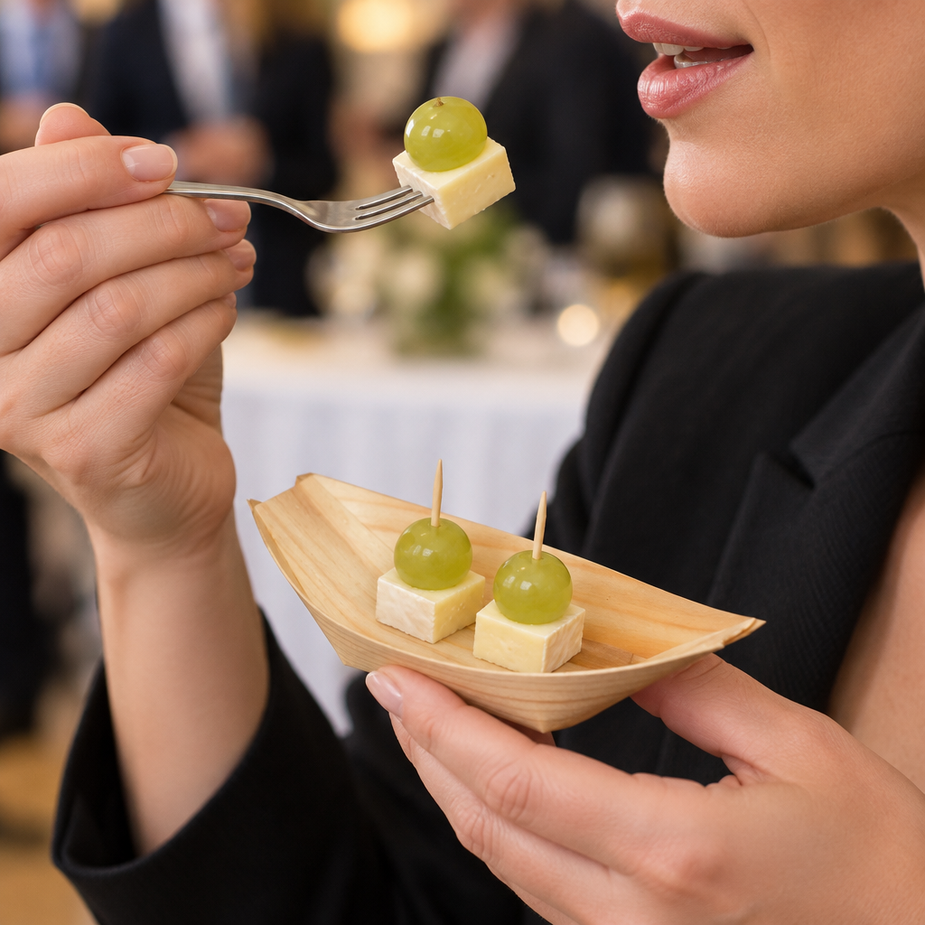 Gæst spiser ost og drue fra en træbåd ved reception