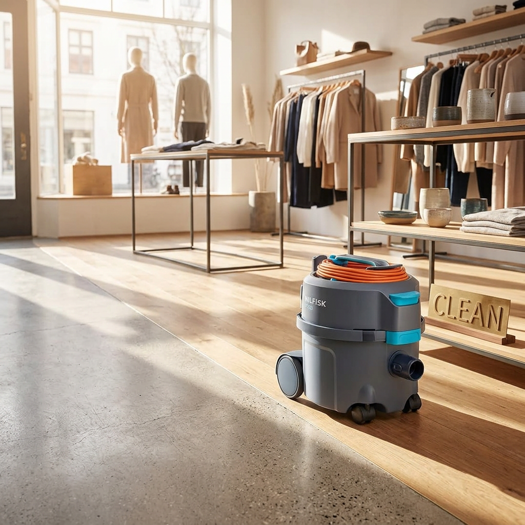 Nilfisk VP300 i lys butik med solskin. Genereret stemningsbillede.