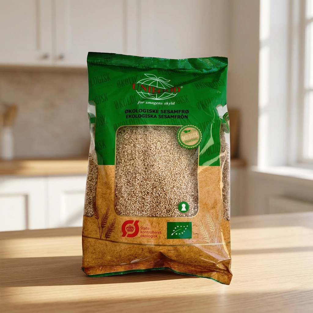 Unifood økologiske sesamfrø på et sollyst køkkenbord