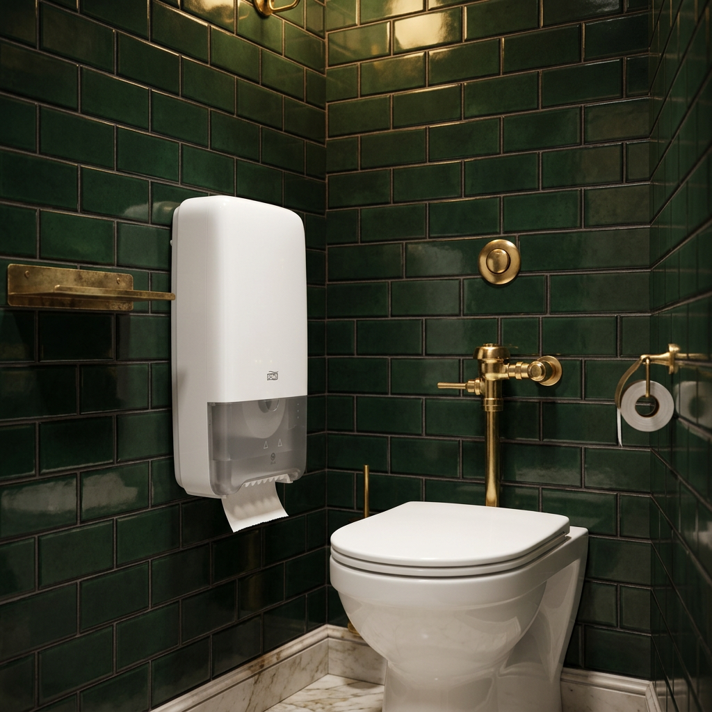 Hvid Tork T6 Twin-dispenser ved toilet på grønne fliser