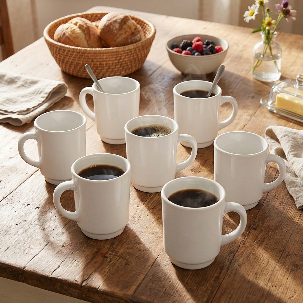 Hvide krus på solrigt morgenbord; stemningsbillede, salgsenheden er 6 stk.