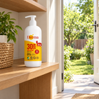 Derma Kids sollotion på hylde ved udgangen til haven