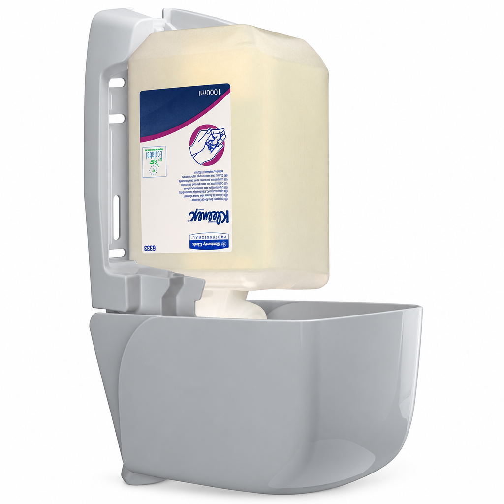 Kleenex sæberefill i åben grå dispenser på hvid baggrund