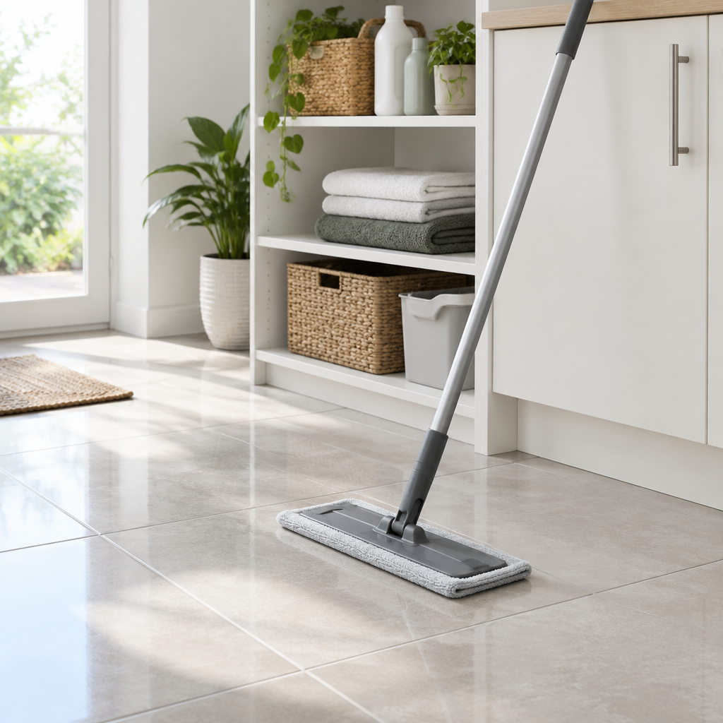 Stemningsbillede af gulvrengøring med generisk fladmoppe, ikke foto af den konkrete Xpress Mini-moppe
