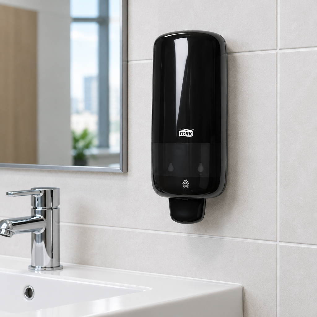 Sort manuel Tork S4 561508 sæbedispenser ved håndvask i kontorets toiletrum