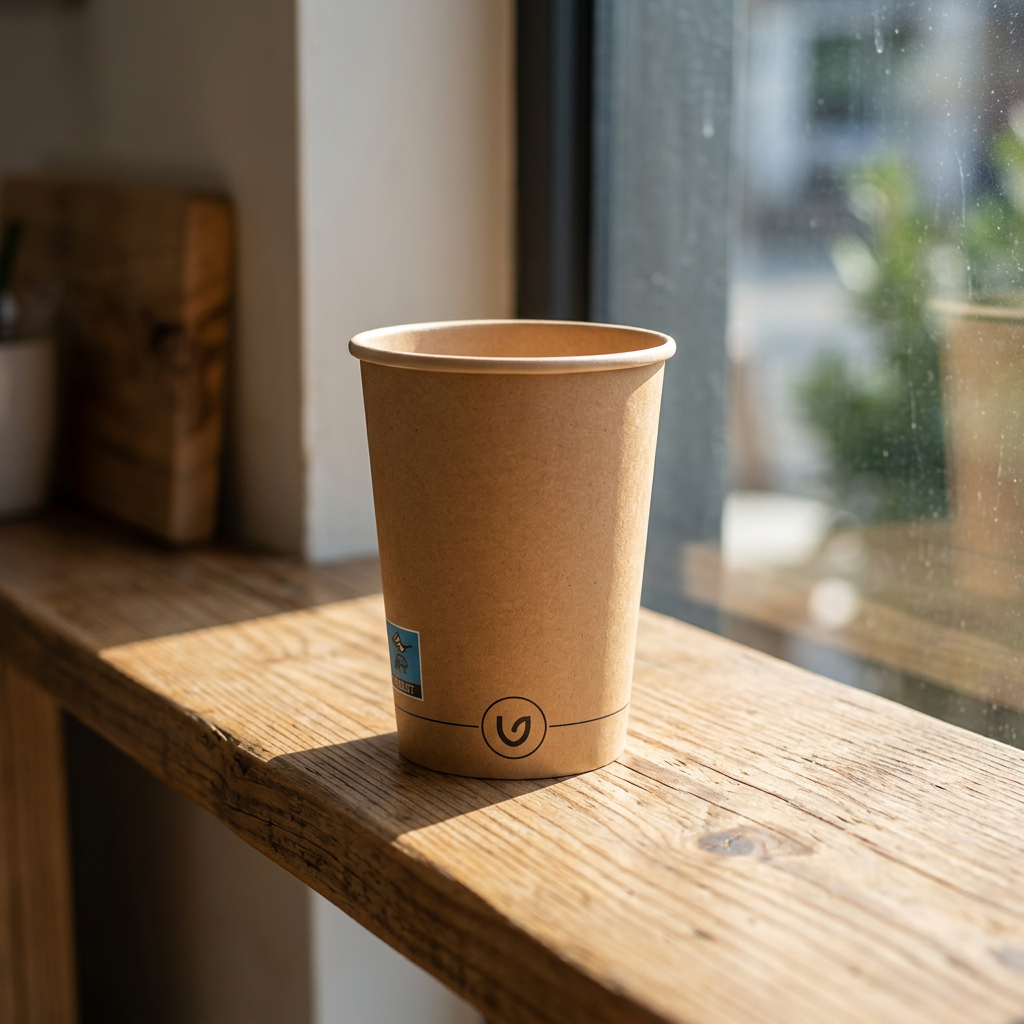 Tomt brunt kaffebæger ved et solbeskinnet cafévindue
