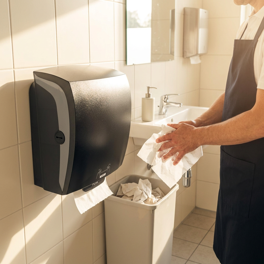 Håndaftørring med papir ved sort Katrin System-dispenser