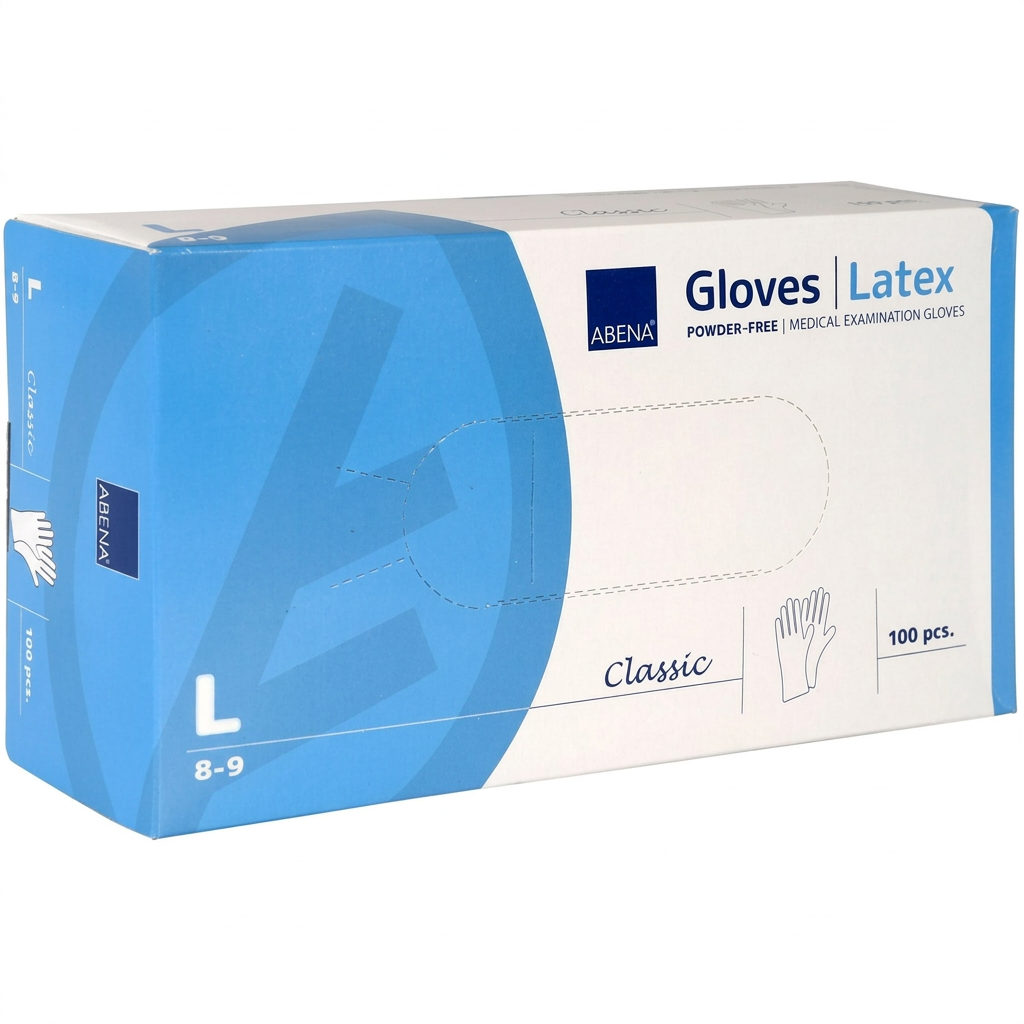 ABENA Classic latexhandsker L 8–9, blå og hvid æske med 100 pudderfri handsker – forbedret produktfoto