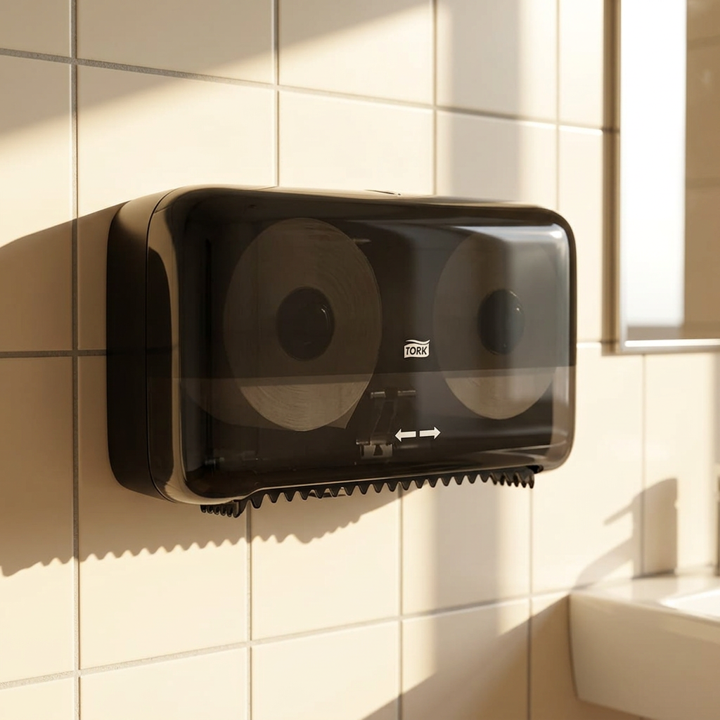 Sort Tork T7 Twin-dispenser ved personaletoilet med sol på fliserne, miljøillustration.