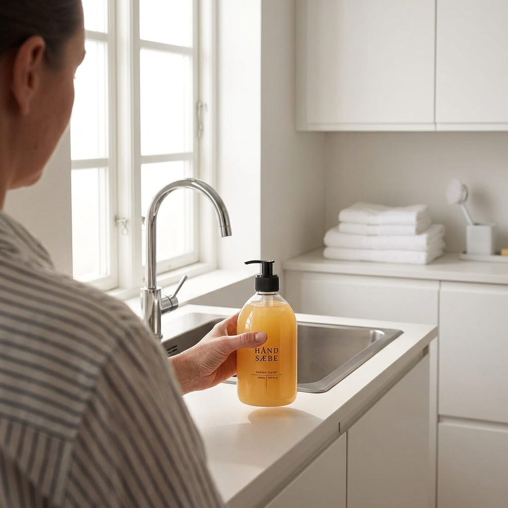 Voksen placerer Golden Nectar pumpeflaske ved vasken, stemningsbillede