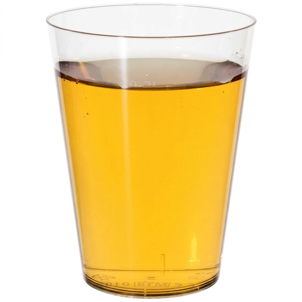 Klart engangsdrikkeglas 20 cl med gylden drik på hvid baggrund