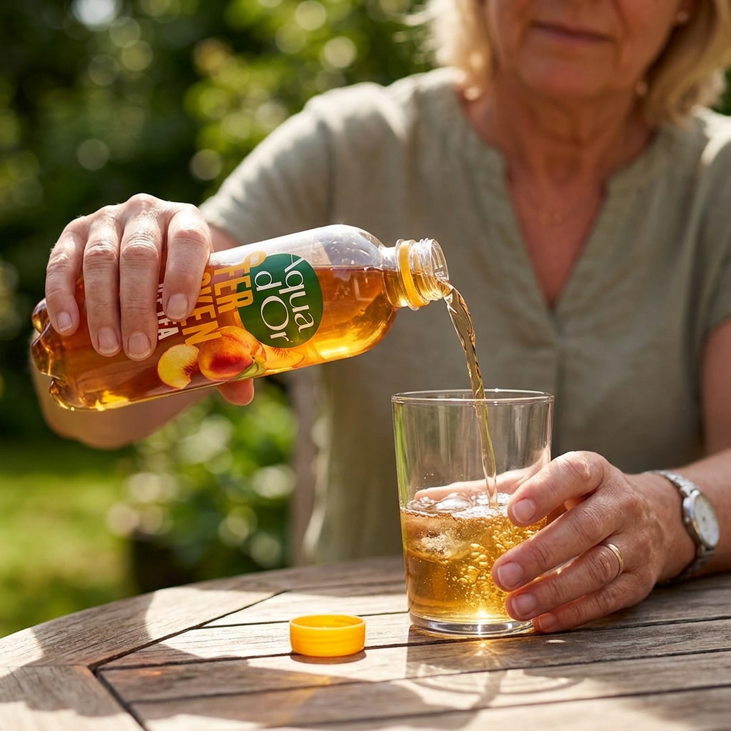 Aqua d’Or Fersken iste hældes i glas ved havebord
