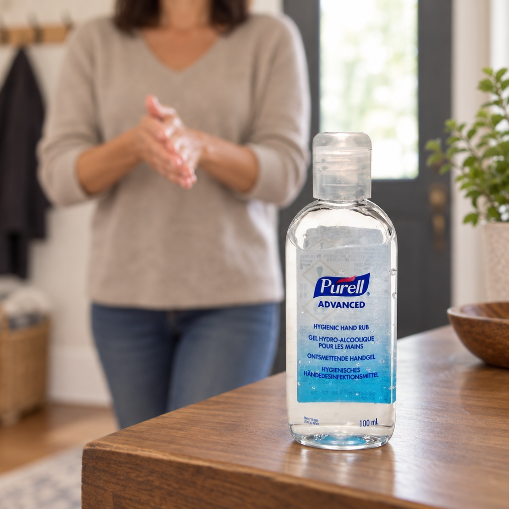 Illustreret håndindgnidning i entré med Purell Advanced 100 ml i forgrunden