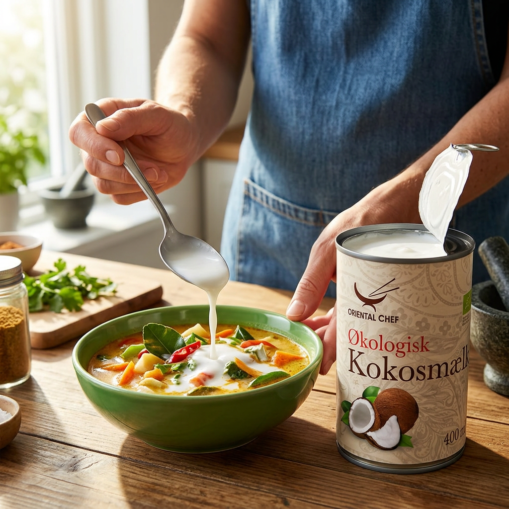 Kokosmælk tilsættes en suppe med en ske