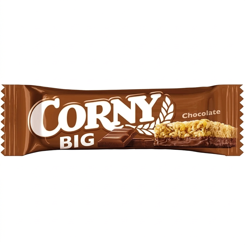 Tydeliggjort produktfoto af Corny Big Chokolade i brun indpakning