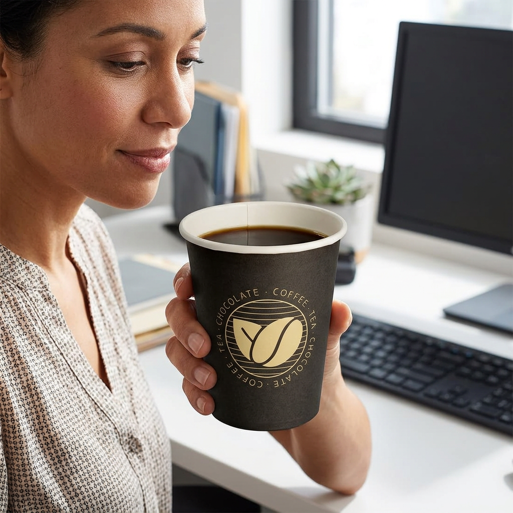 Voksen kontormedarbejder holder Beans-kaffebæger med kaffe ved skrivebord