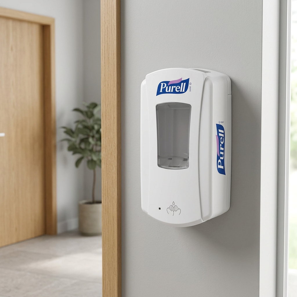Hvid Purell LTX-12-dispenser ved personaleindgang
