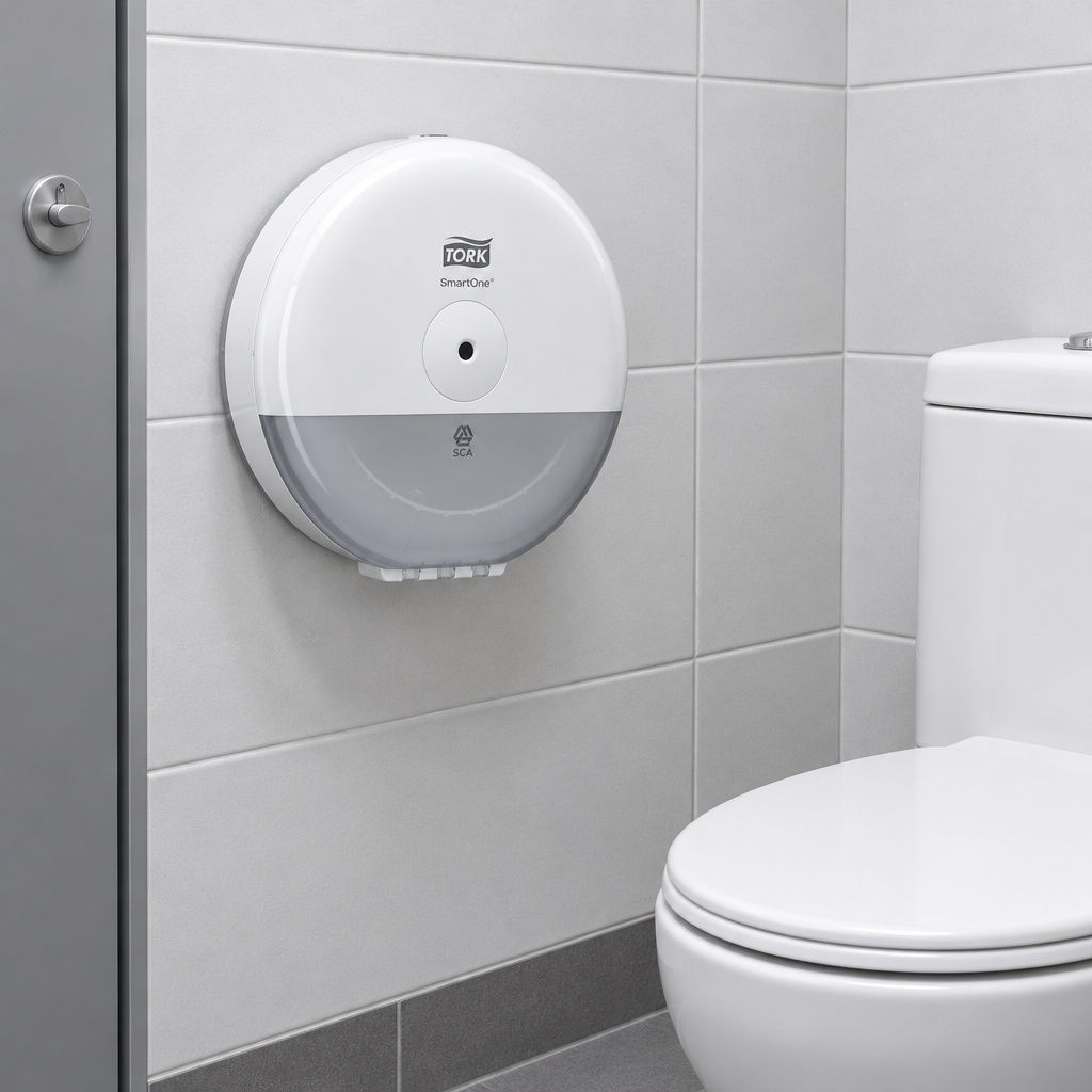Hvid Tork T9 Mini toiletpapirdispenser i arbejdspladsens toiletkabine