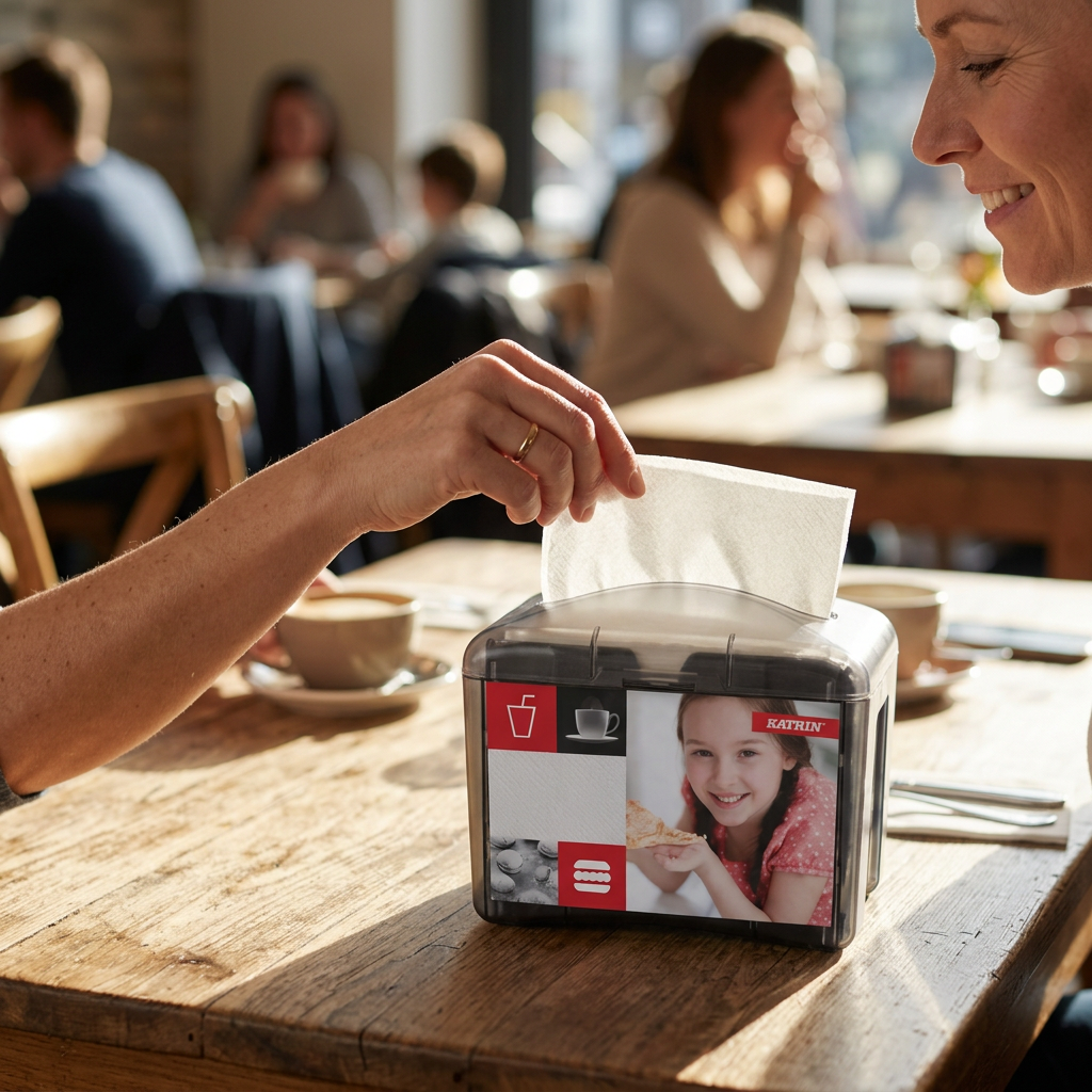 Voksen tager serviet fra illustreret Katrin Easy1-dispenser ved cafébord, dispenser medfølger ikke