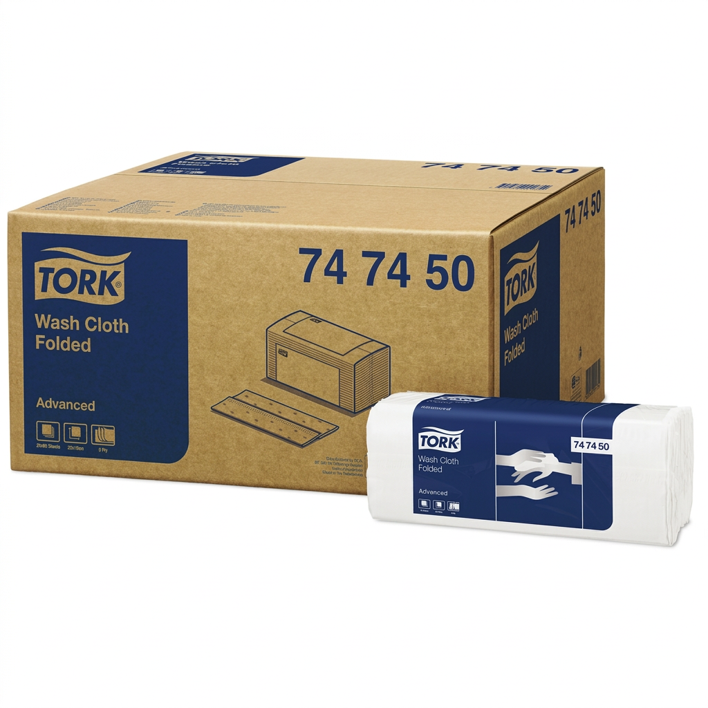 Tork 747450 papirvaskeklude, salgskasse og én inderpakke på hvid baggrund