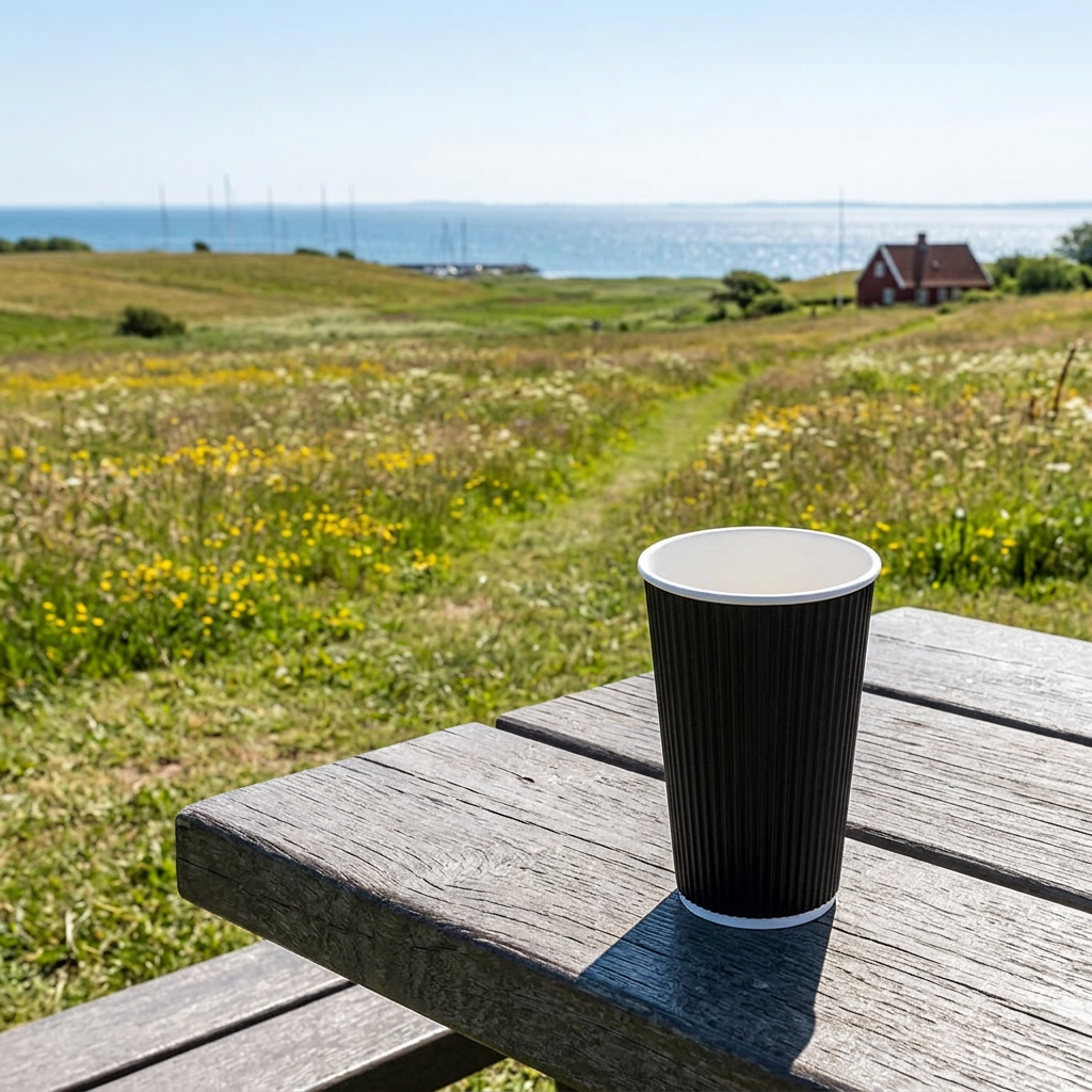 Sort Ripple Wall kaffebæger 40 cl på picnicbord med solrig kysteng og havudsigt