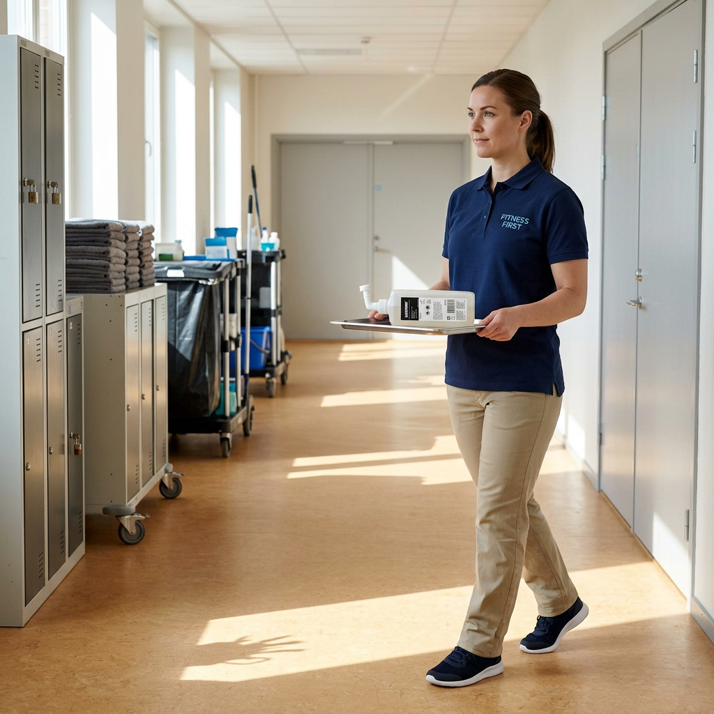 Medarbejder transporterer Katrin 47550 refill på bakke, stemningsbillede