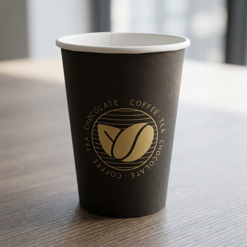 Tomt sort Beans-kaffebæger 36 cl med gyldent bønnemotiv på lyst mødebord