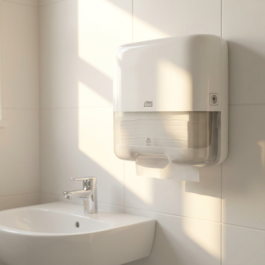 Tork H3 Mini håndklædearkdispenser ved håndvask i sollyst kontortoilet