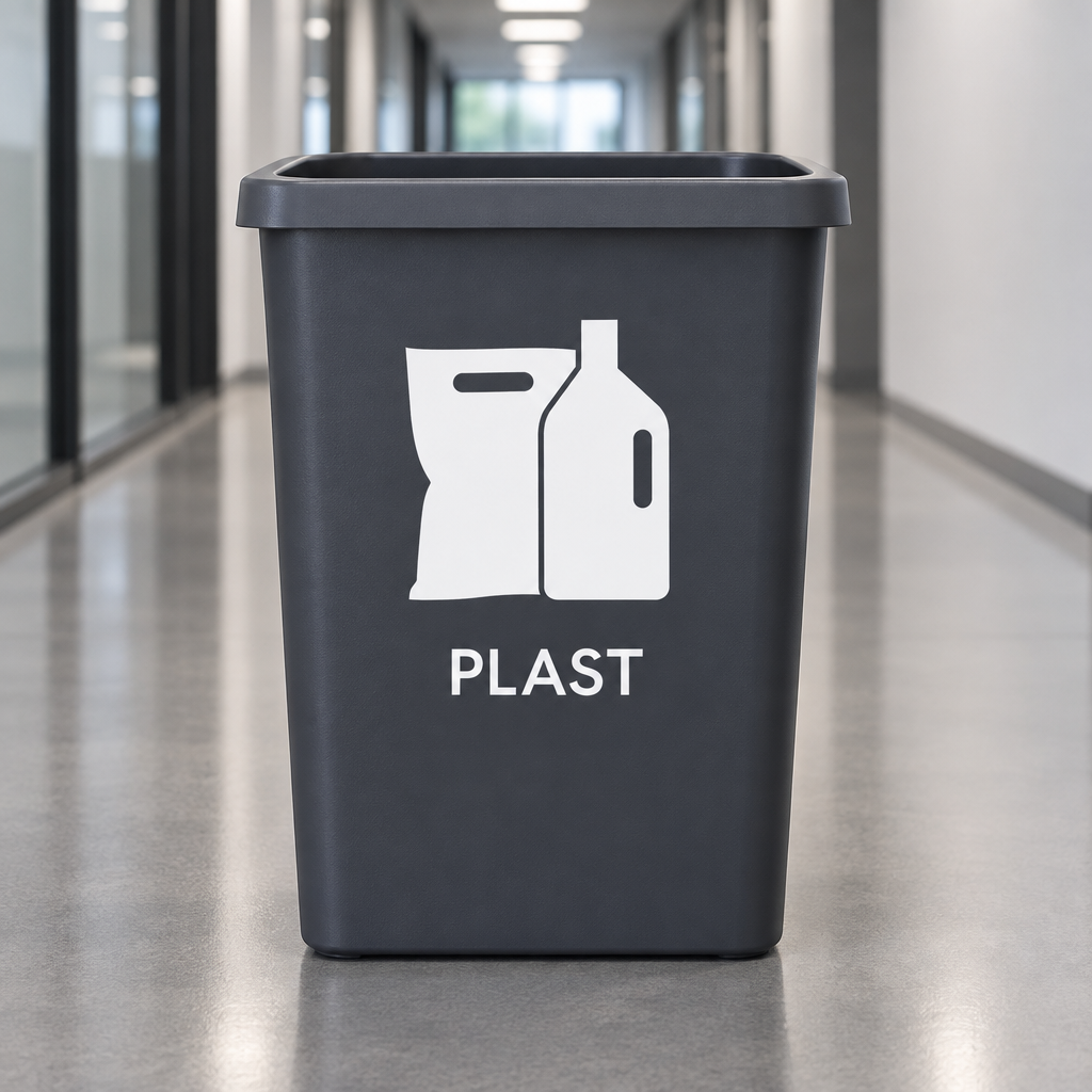 Hvidt PLAST-piktogram uden baggrund på affaldsbeholder i gang