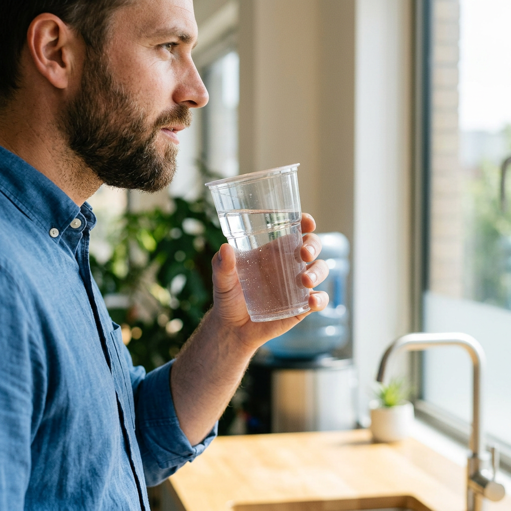 Voksen med et klart plastglas vand i et lyst kontorkøkken