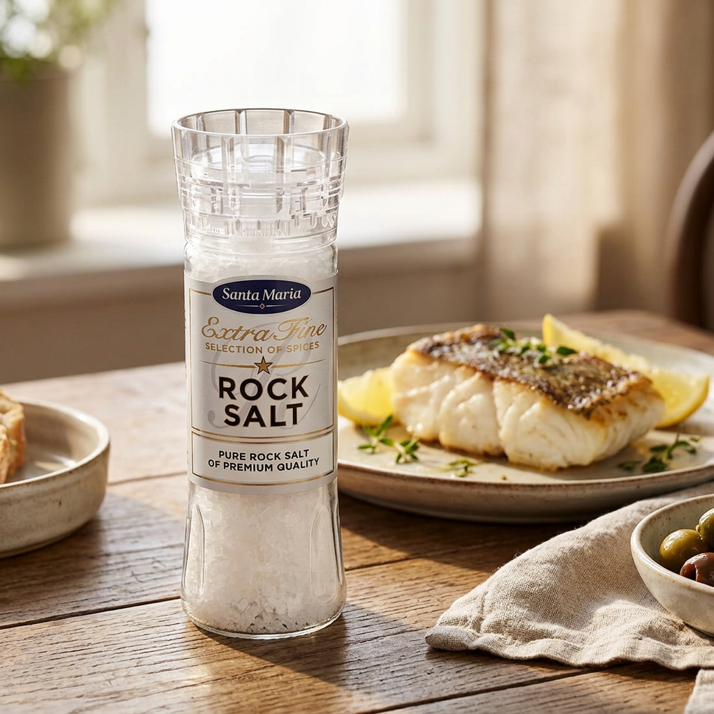 Santa Maria saltkværn ved en tallerken med fisk