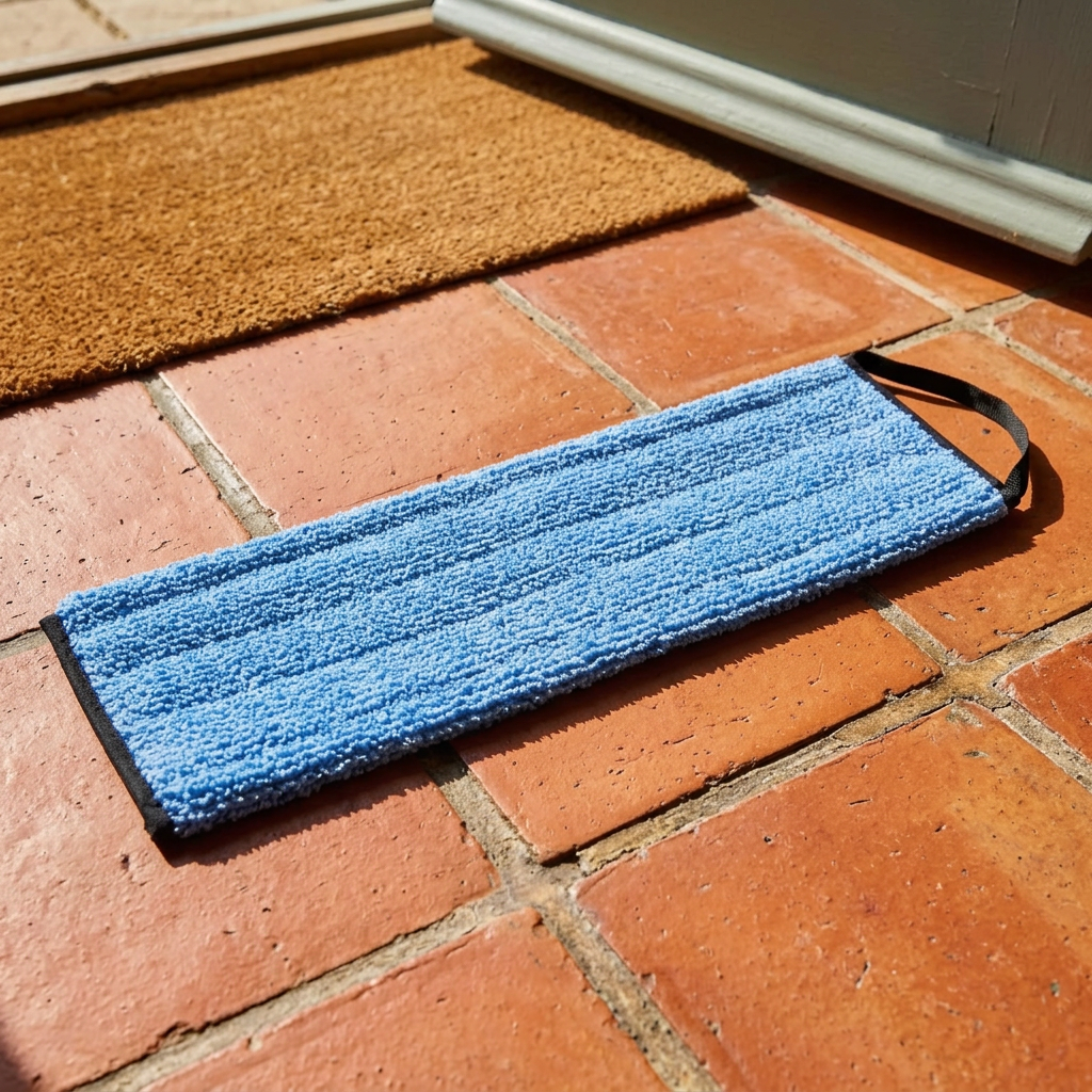 Universal mikrofibermoppe på flisegulv i solrigt sommerhus