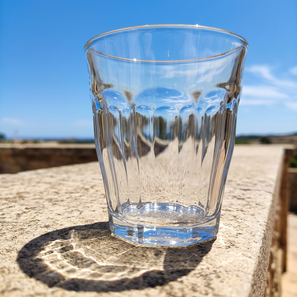 Klart facetteret caféglas på en stenafsats på en solrig terrasse