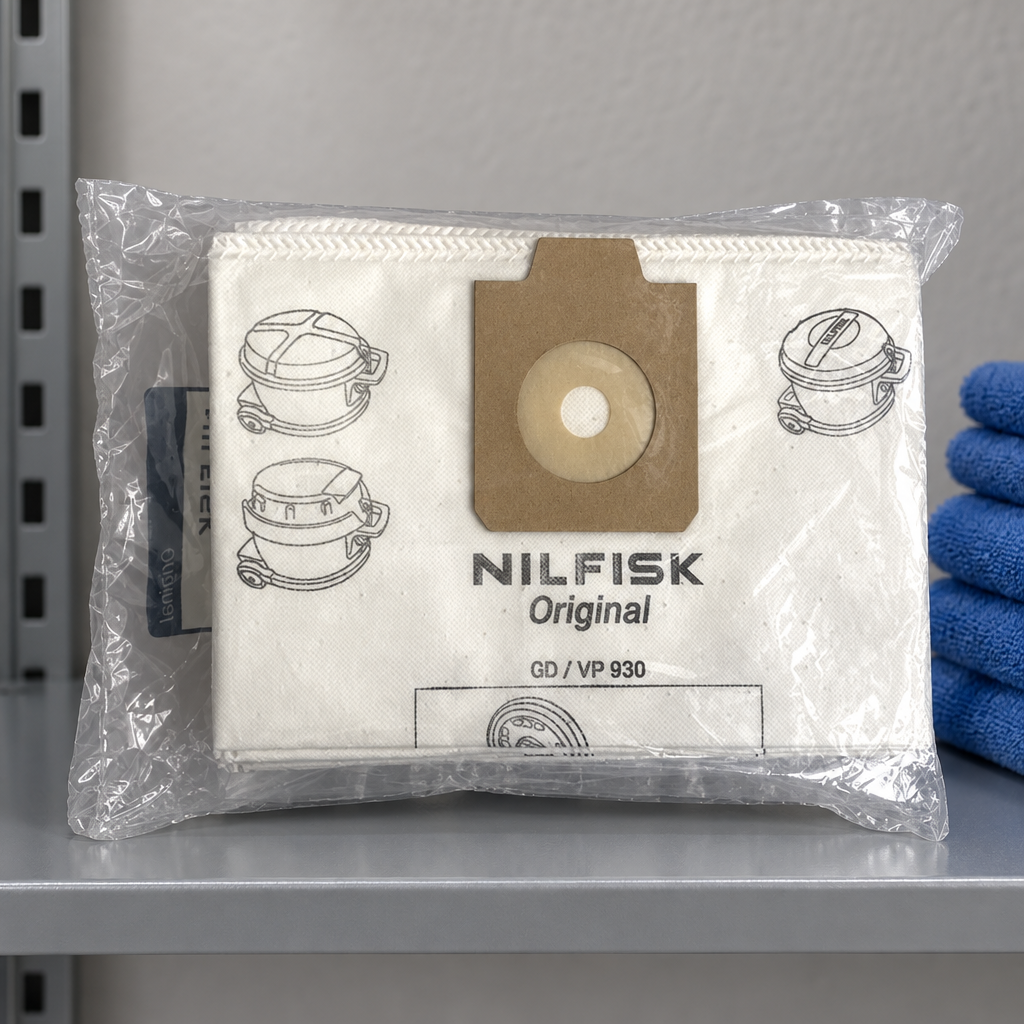 Miljøbillede af Nilfisk-fleeceposer på grå hylde ved blå klude