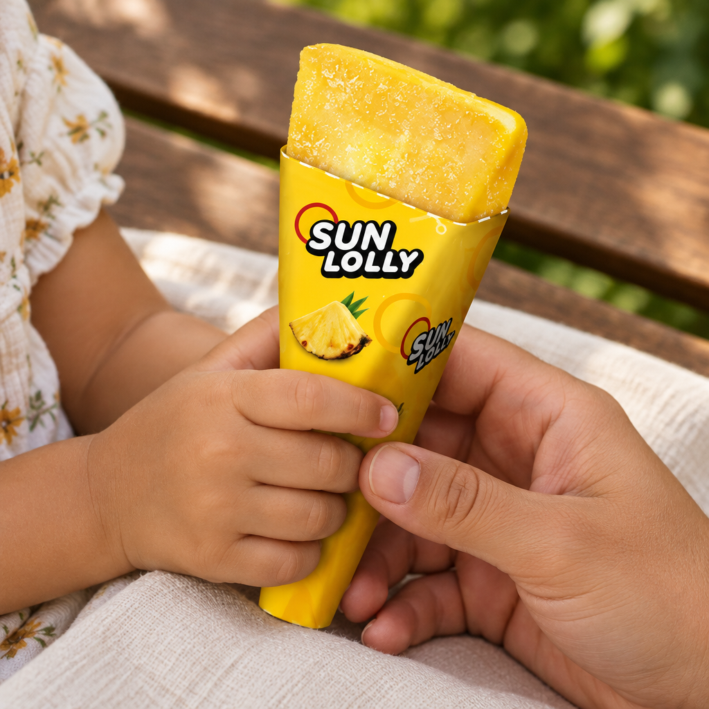 Nærbillede af gul Sun Lolly Ananas-is holdt af barn og forælder