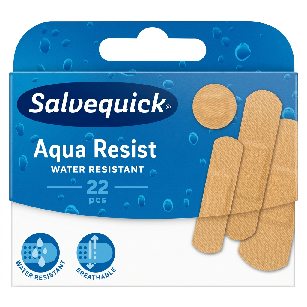 Salvequick Aqua Resist, pakke med 22 plastre i fire størrelser på hvid baggrund