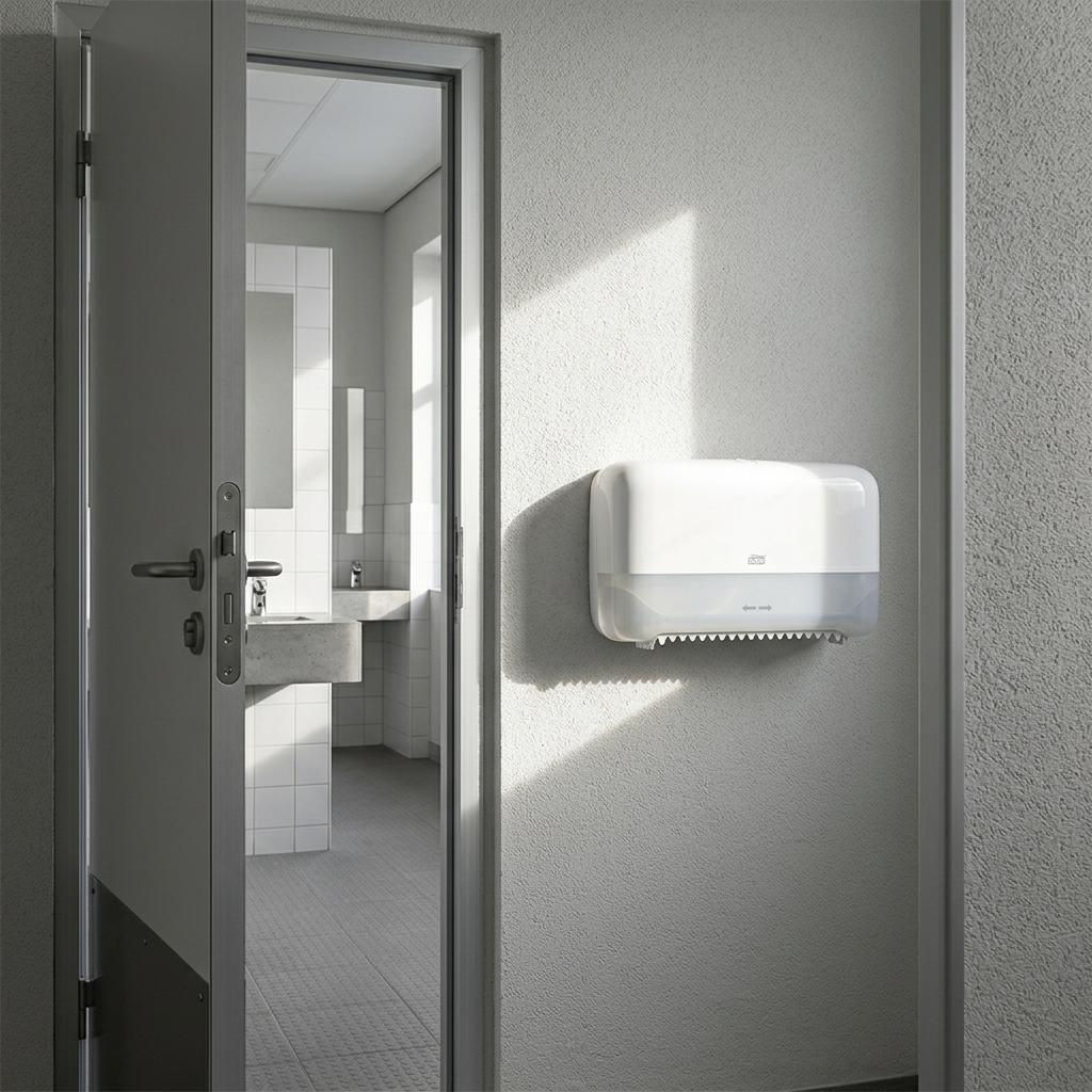 Hvid Tork Twin-dispenser ved sollyst toiletrum i sportsklub, miljøillustration.