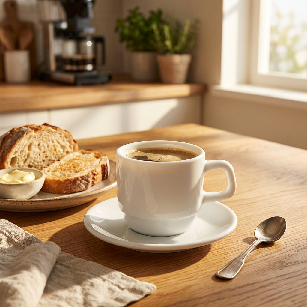 Hvid kop med kaffe på underkop ved morgenbord